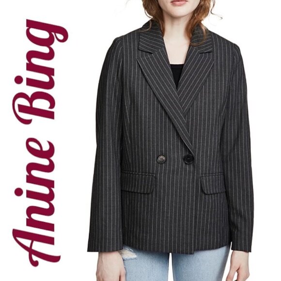 ANINE BING Becky Gray Pinstriped Blazer Double Breasted Menswear, Size 6 - Picture 15 of 15